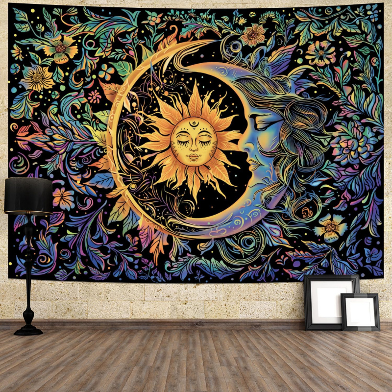 VIKAMA Sun And Moon Tapestry, Psychedelic And Mysterious Flower Tapestry, Hippie Bohemian Flower Plant Wall Tapestry