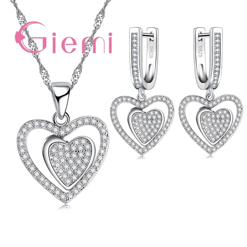 Romantische Hart Kettingen Oorbellen Sets Mooie Romantische 925 Sterling Silver Cubic Zirkoon Kristallen Sieraden Vrouwen Aanwezig