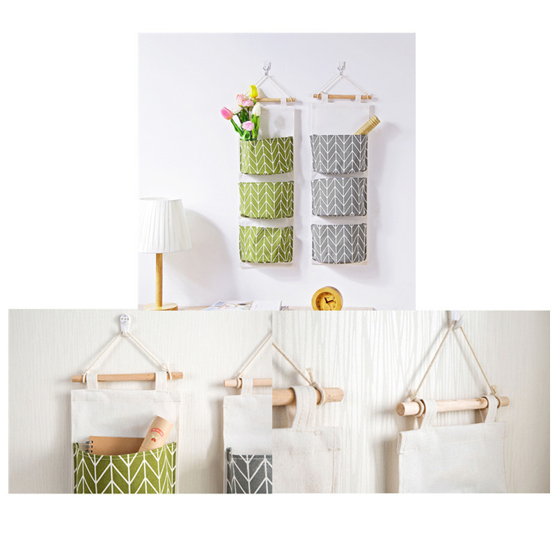 3 Pockets Wall Hanging Storage Bags Cotton Linen Door Organizer Hang Bag Wall Pouch Cosmetic Toys Home Office Organizer AUG8