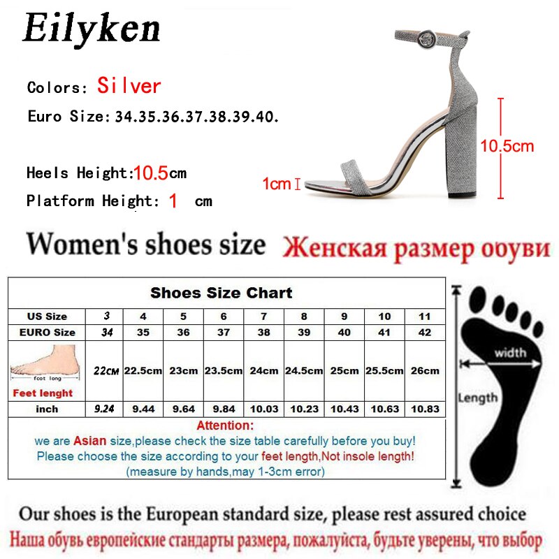 Sandalias elegantes de mujer de EilyKen cuadradas de tacón alto cubierta tobillera de punta redonda de la Oficina de baile con hebilla tacones de sandalias plateadas