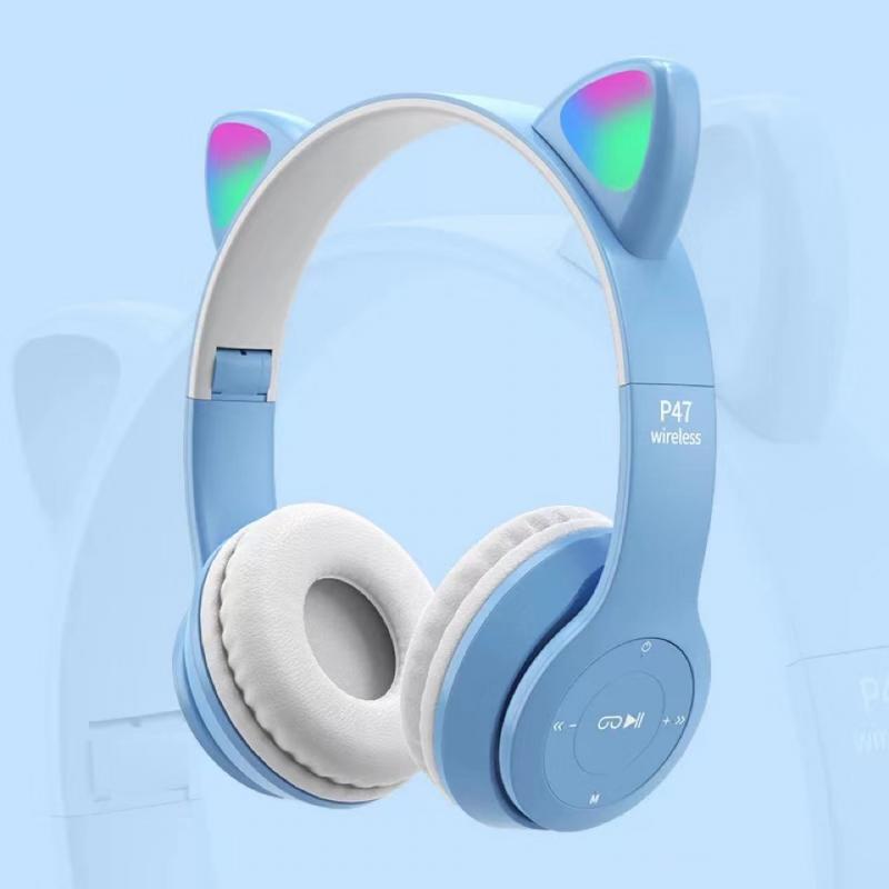 Leuke Kat Oren Bluetooth Draadloze Hoofdtelefoon Met Microfoon Kan Controle Led Kid Meisje Stereo Muziek Helm Telefoon Headset: Blue