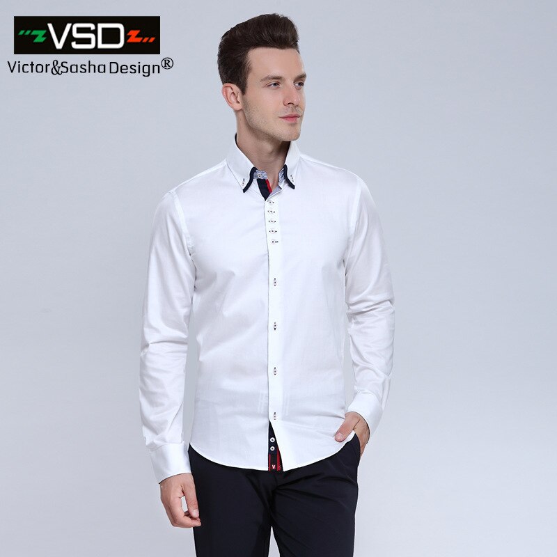 Vsd stor italiensk stil dobbeltkrave shirting slim fit langærmet premium bomuldsskjorte til mænd, mærke europa størrelse 1319: Hvid / L