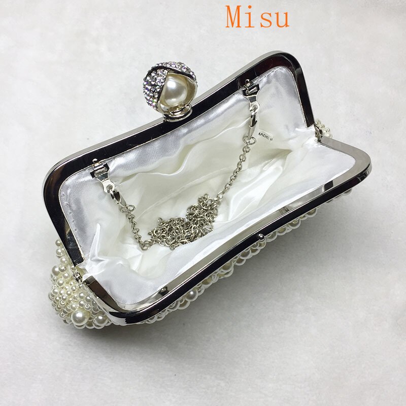 Women White Pearl Shell Evening Bags Luxury Wedding Bead Small Handbag Clutch Dinner Purse Chain Shoulder bag