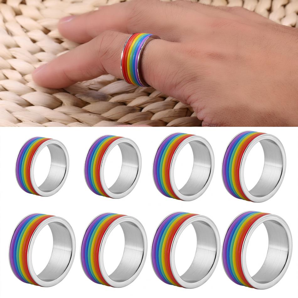 8 maten Regenboog Ring Gay Pride Sieraden Kleurrijke Mannen Vrouwen Rvs Homoseksueel Paar Ringen Sieraden Wedding Band Full Size