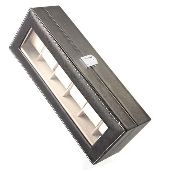 Caja de almacenamiento de cuero con 6 ranuras, organizador con ventana para relojes de pulsera LXH