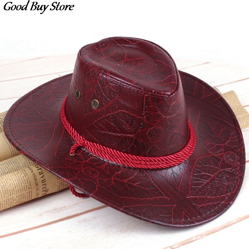 Leather Western Cowboy Hat Gentleman Wide Brim Retro Sun Hats Summer Beach Breathable Travel Chapeu Sombrero Jazz knight Caps: BR