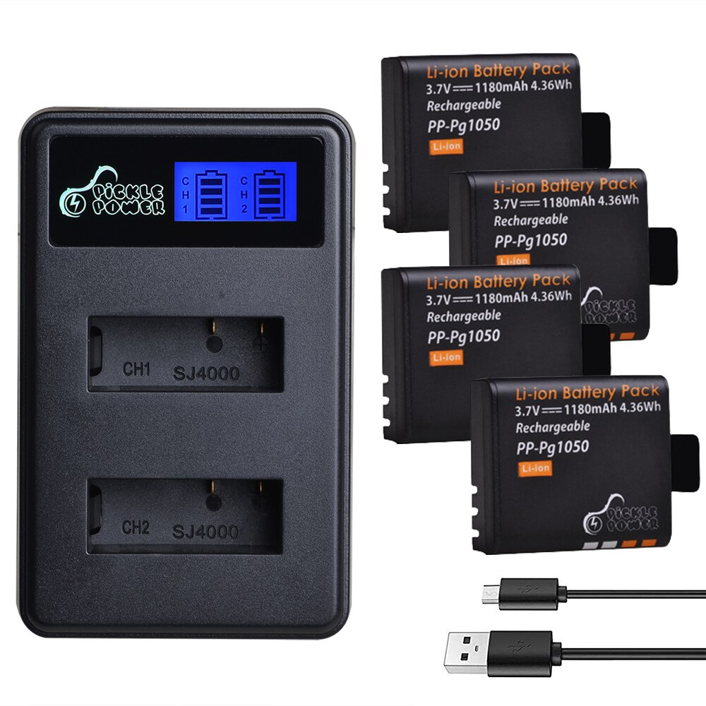 4 Uds 1180mAh PG1050 batería y cargador USB con LCD para SJCAM SJ4000 M10 SJ5000 SJ5000X para EKEN H9 H9R H8R H8 GIT PG900: Charger and 4Battery