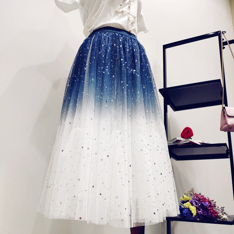 Falda de tul de Color degradado para mujer, falda larga plisada de cintura alta, línea A, falda rosa de tutú,: Blue and white