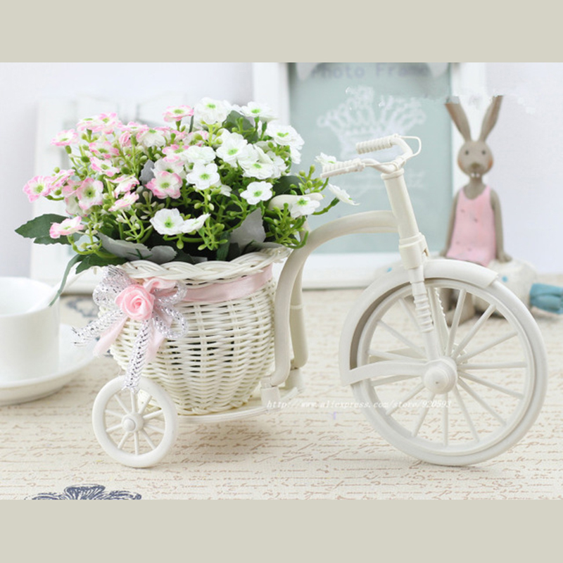 Rotting cykel vas med siden blommor färgglada mini ros blomma bukett tusensköna konstgjorda blommor för hem bröllop dekoration: B01