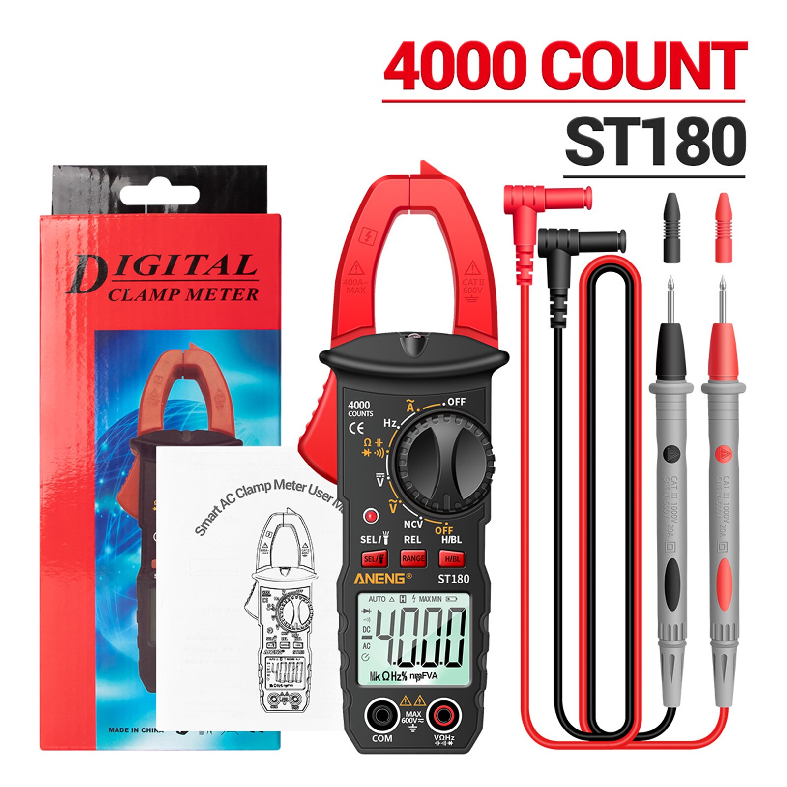 ST180 Digital Clamp Meter Multimeter 4000 Counts Clamp Multimeter Voltmeter Ammeter AC DC Voltage Current Meter Universal Meter: Red