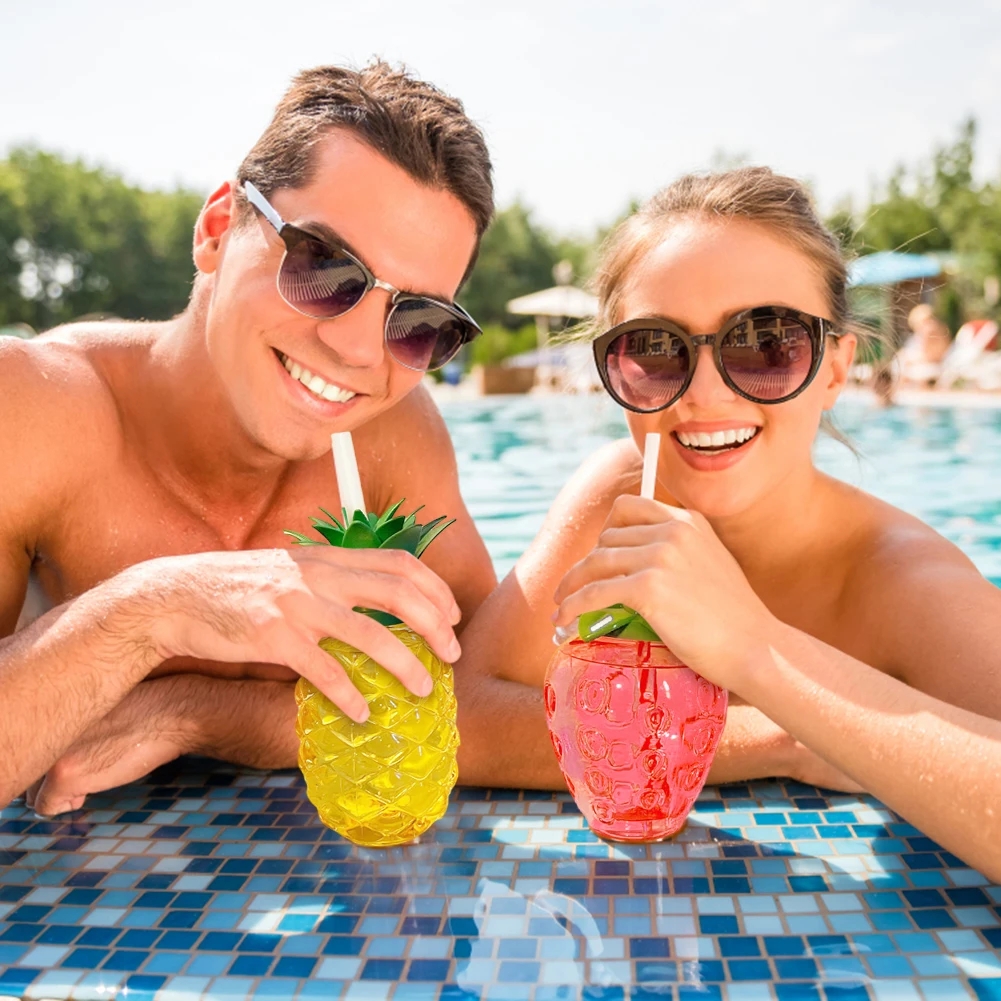 1/3/6Pcs Plastic Pineapple Cups with Straw Strawberry Cup Hawaiian Luau Birthday Party Decoration Summer Beach Drinking Cup