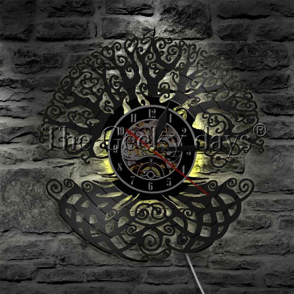 1 pièce arbre de vie géométrie sacrée Led veilleuses sacré arbre Vintage vinyle disque Longplay horloge vert vie ombre Art