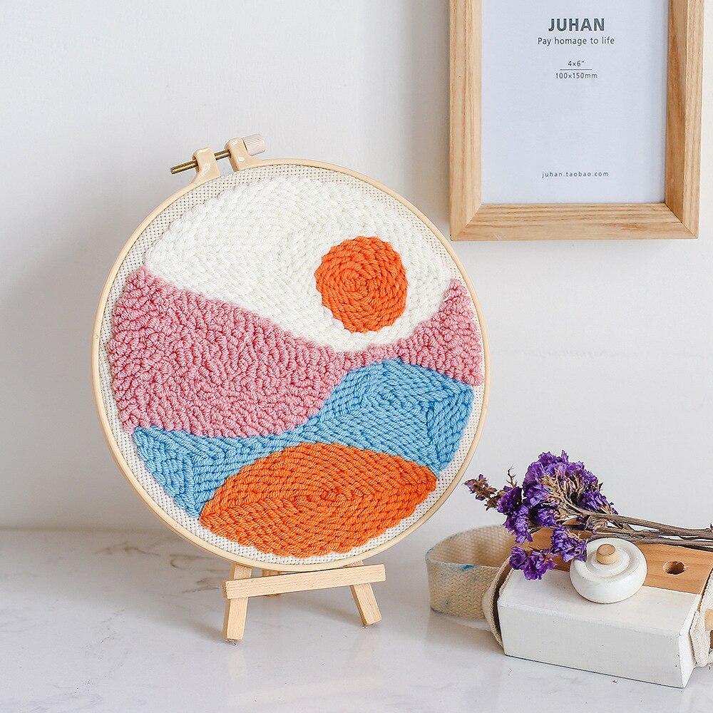 Easy Punch Needle Embroidery Kit with Hoop for Beginner Landscape Embroidery Needlework Wool Work Handmade Sewing Kit Craft