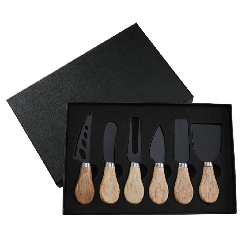 Premium 6-Piece Cheese Knife Set with Box Complete Rubber Wood Handle Steel Stainless Cheese Knives Collection