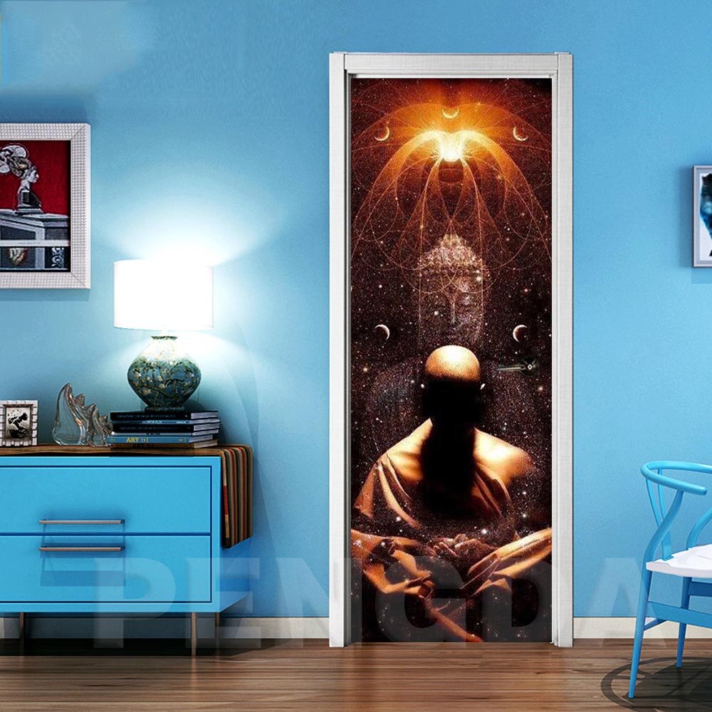 Dørklistermærker lærred boligindretning buddha forny pvc vægmaleri papir tryk kunst billede selvklæbende vandtæt tapet til soveværelse: Dør xrn 1523-01 / 95 x 215cm