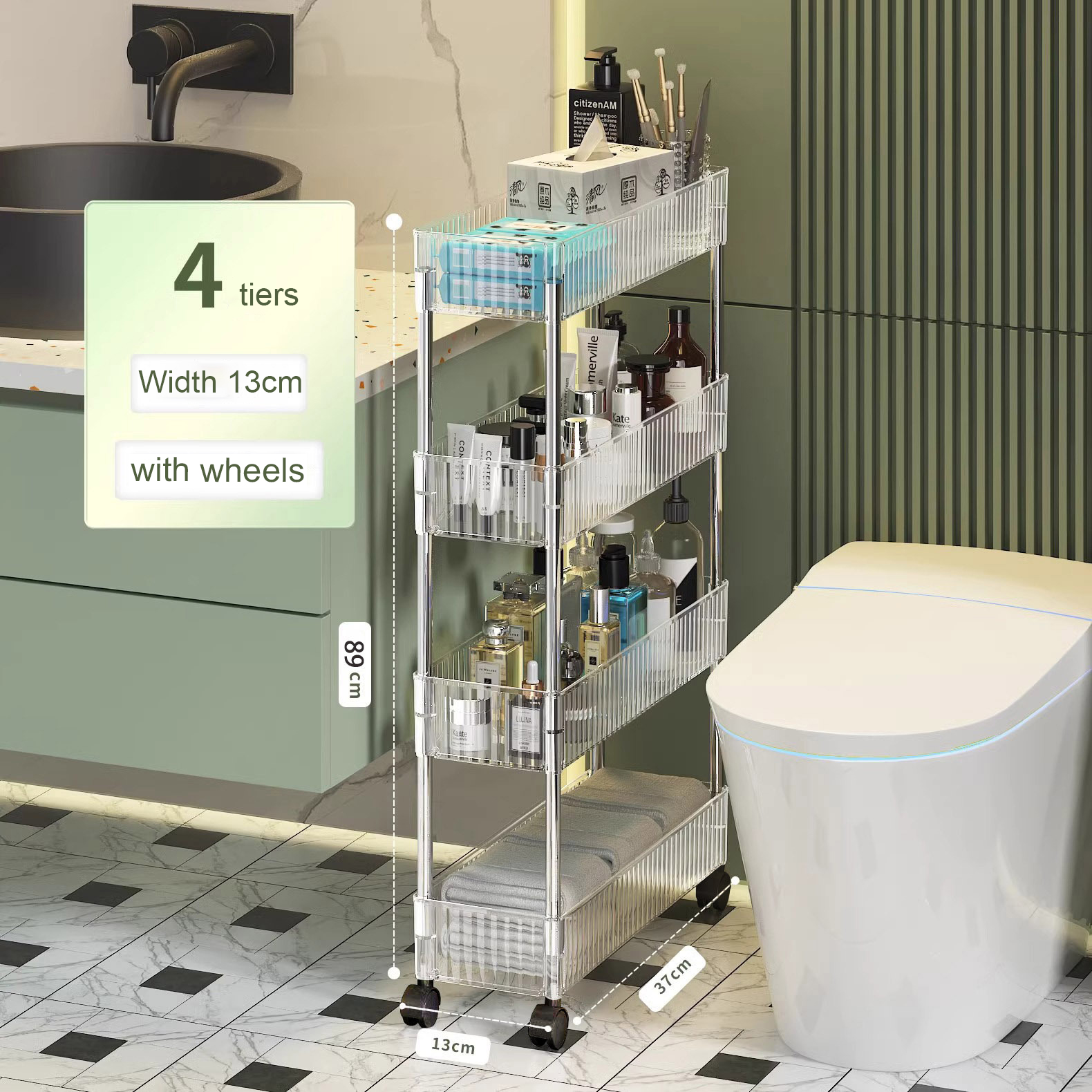Acryl Helder Trolley Rek Verplaatsbare Rolling Utility Winkelwagen Smalle Kloof Opbergrek Met Wielen Badkamer Verwijderbare Plank 2/3/4 Laag: Licht Groen
