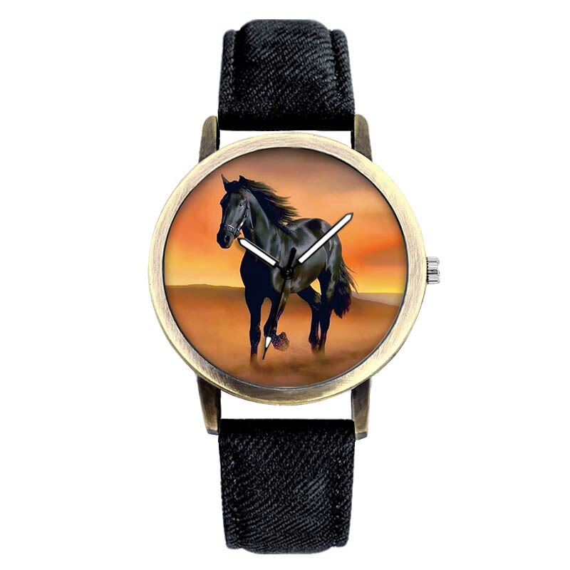 Klassisk hestekvarts armbåndsur læder mænd kvindercharm armbåndsur relogio masculino: Sort