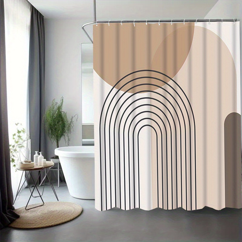 1 cortina de chuveiro com padrão geométrico simples com ganchos - divisor de banheiro de poliéster bege, marrom e branco, lavável à máquina