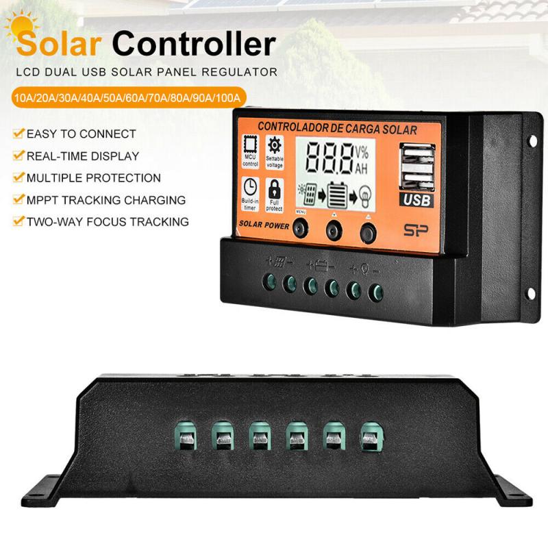 10/30/40/50/100a mppt/pwm solcelleladekontroller dobbel usb 12v/24v auto solcellepanel batteriladekontroller spenningsregulator