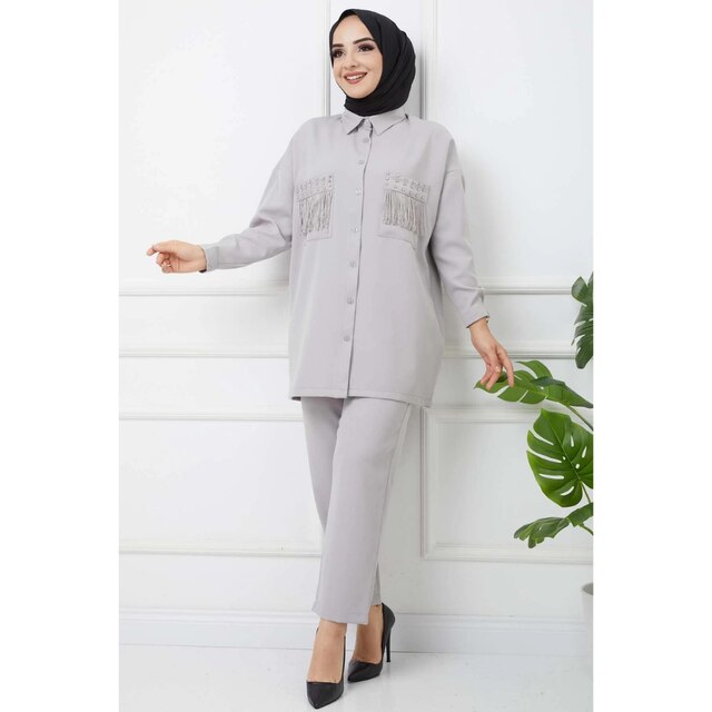 Costume en pierre Hijab musulman, combinaison Double, en tissu crêpe de première classe Robe adulte kebaya vêtements indiens caftan robes amples robes indiennes arabes vêtements pour femmes caftan mujer dubaï robes ind: GRAY / 46