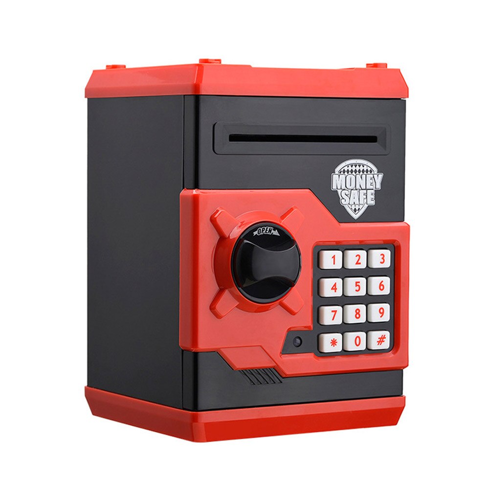 Mini tegneserie multifunktions flash kan indstille kodeord børns pædagogiske plast pengeautomat legetøj sikker sparegris: Sort rød