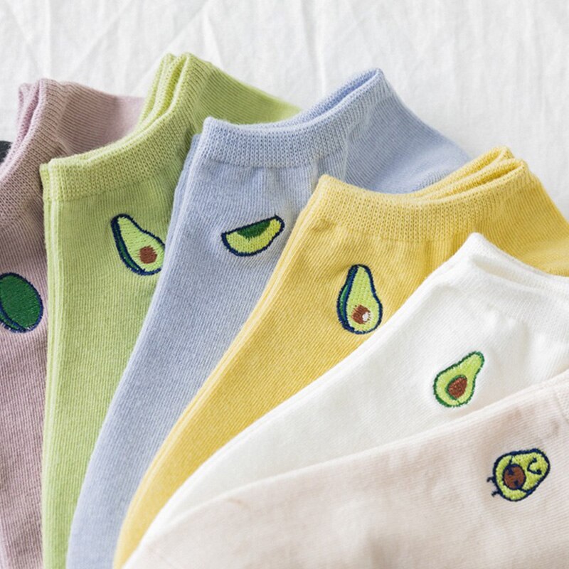 Zomer schattige sokken avocado borduurwerk katoenen sokken dames ademend onzichtbaar effen kleur skarpetki korte sokken voor meisjes