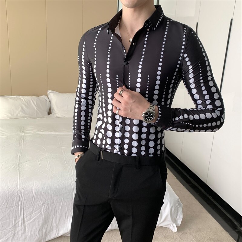 Koreanska herr prickade skjortor höst långärmad herrskjorta högtidskläder slim fit casual arbetsskjortor för herrkläder 3xl- m: Svart / Asiatisk 3xl 72-77kg