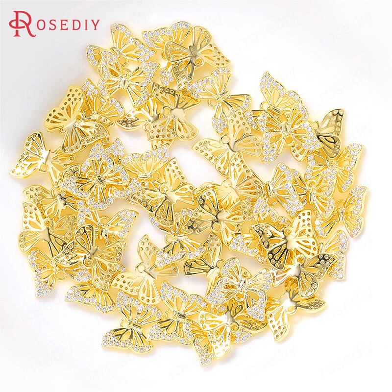 (38662)4PCS 12x10MM 24K Color Oro In Ottone e Zircone Farfalla Pendenti E Ciondoli Pendenti Con Gemme E Perle Accessori Per Monili Che Fanno Fai Da Te accessori di risultati