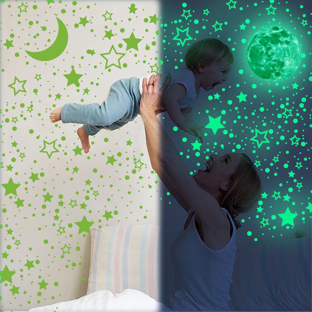 Gloeiende holle ster maan stippen muurstickers huisdecoratie glow in the dark sticker vinyl babykamer slaapkamer woonkamer decoratie