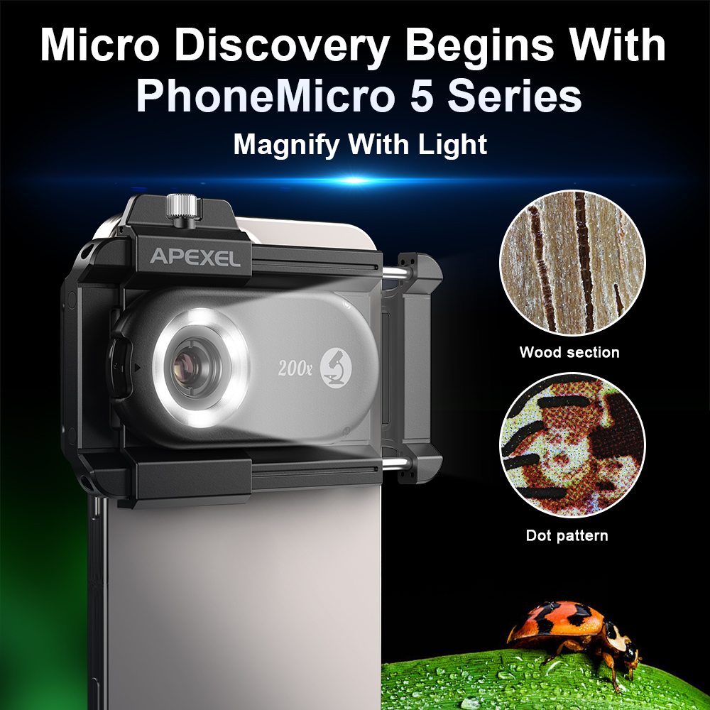 APEXEL nueva lente de microscopio 100X-200X mejorada 3 en 1 Kit de lentes de cámara de teléfono lentes macro con luz LED para todos los teléfonos inteligentes