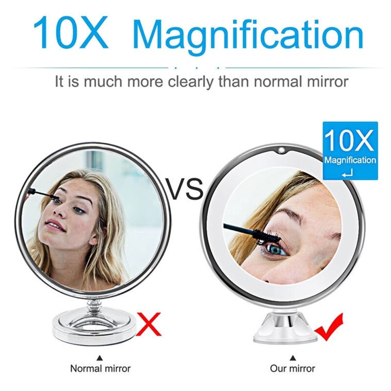 10X Vergrootglas Make-Up Spiegel Met Licht 360 Graden Rotatie Krachtige Zuignap Draagbare Led Cosmetische Tafelblad Badkamer