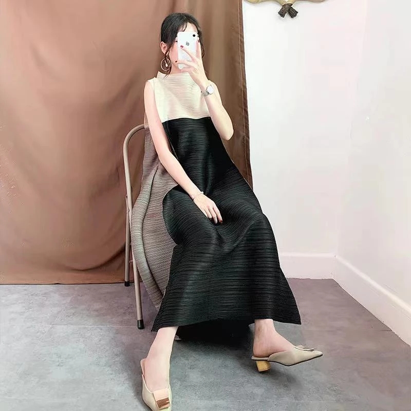 Miyake Pleated Dress Summer Women Dress Stitching High Temperament Loose Casual Long Skirt Female Spot: black