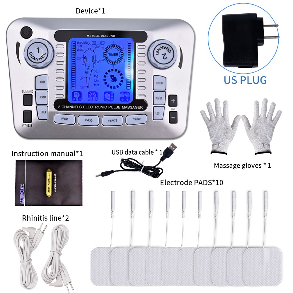 Tens EMS Muscle Stimulator 12Modes Electric Pulse Massager Digital Therapy Machine Massager Pain Relief Tool Health Care Machine: Type 2 US Plug
