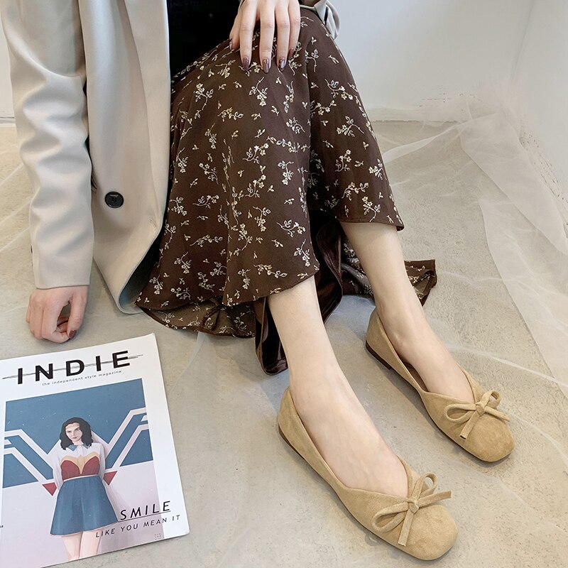 Rimocy Spring Bowknot Flat Shoes Woman Faux Suede Square Toe Boat Shoes Women Casual Non-slip Black Flats
