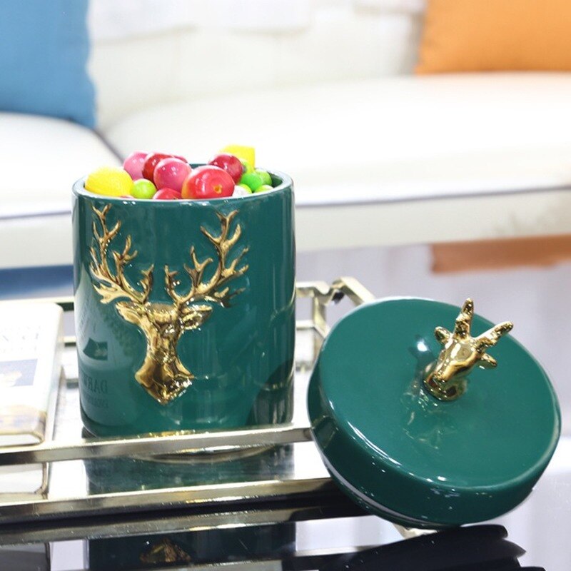 European-style Ceramic Deer Head Storage Jar Green Golden Deer Decoration Household Candy Jar Kitchen Storage Container