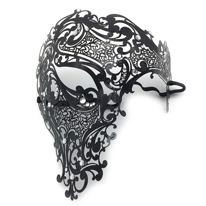 Black Gold skull Metal Mask Halloween Rhinestone Half Face Venetian Masquerade Men White Women Skull Filigree Party Mask DA: Black