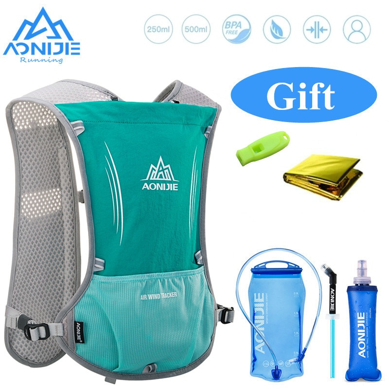 AONIJIE-mochila de hidratación de 5L, chaleco, arnés con vejiga de agua de 1.5L, Frasco blando de 500ml, senderismo, Camping, correr y Maratón