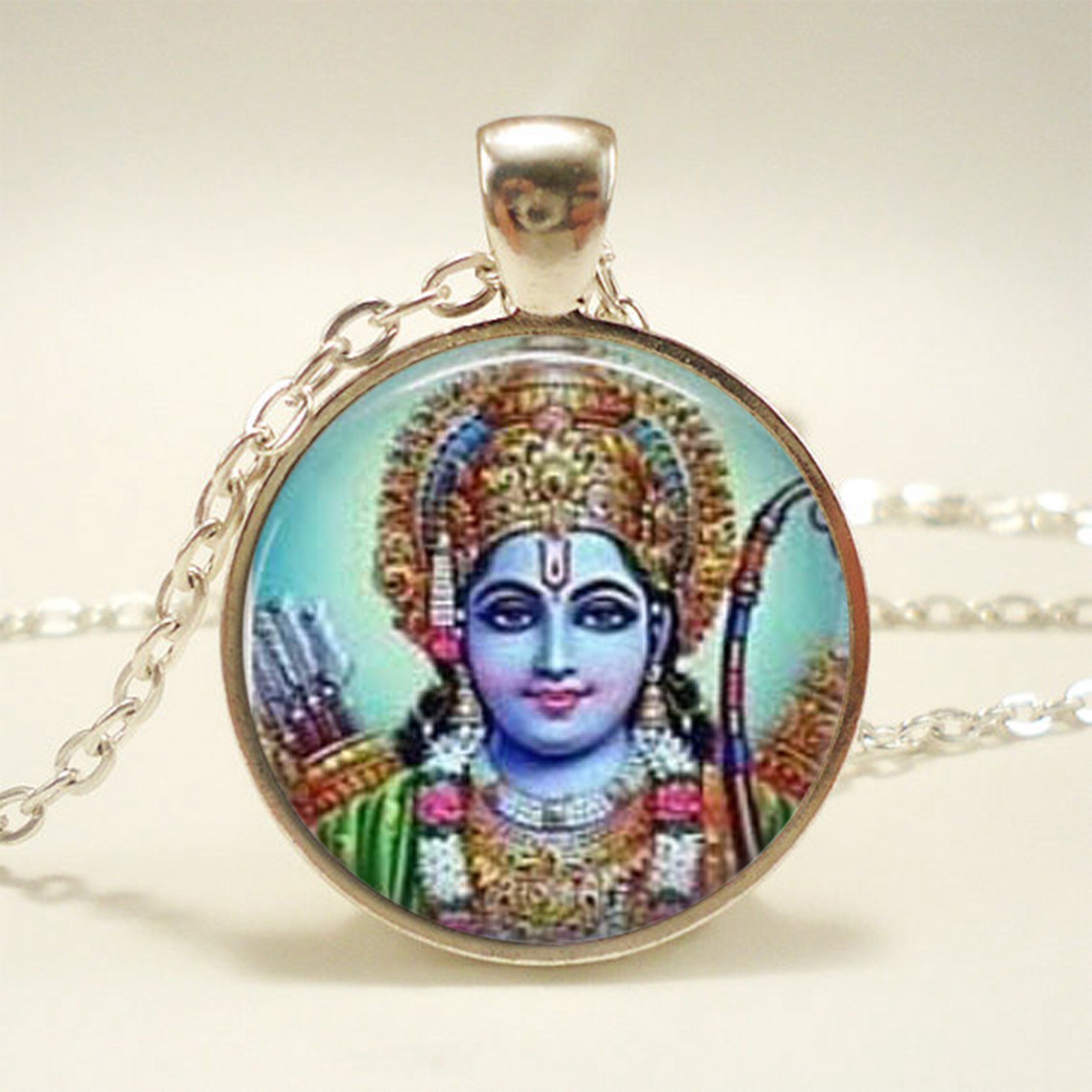 Krishna and Radha Amulet Necklace Glass Cabochon Jewelry Silver Chain Lakshmi Pendant Hinduism Shiva Necklace for Women: 9