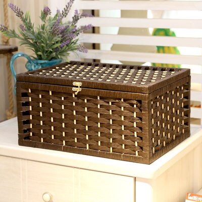 Rustieke Geweven Mand Papier Opbergdoos Met Deksel Handgemaakte Home Organisatie En Opslag Gebreide Desktop Rieten Manden: coffee / 30x20x13cm