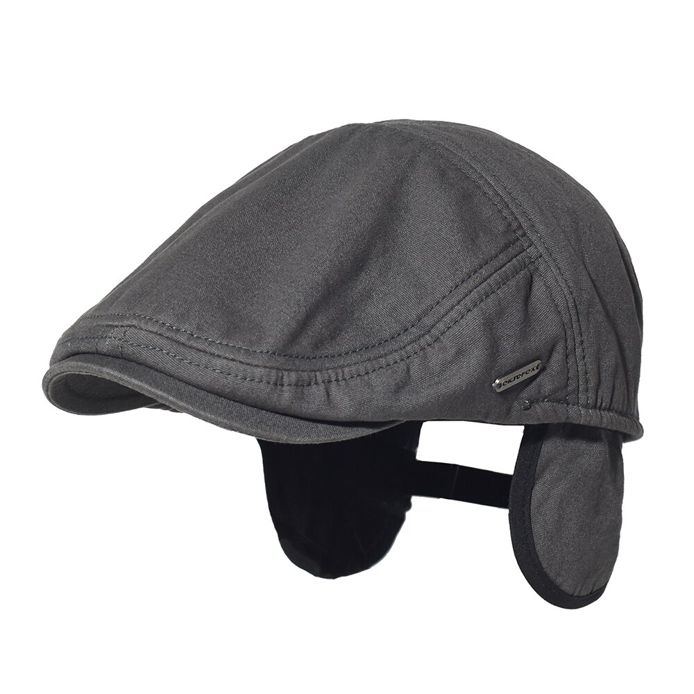 Män & #39 ;s bomull tidningspojke keps öronlappar vinter tjock varm platt hatt öronskydd vintage solid keps casual basker gatsby körhatt: Mörkgrå
