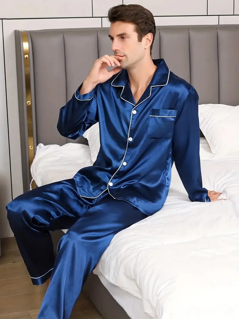 Herre pyjamassæt silke satin nattøj til mænd skjorte langærmet pyjamas herre blødt loungewear store størrelser forårsnattøj
