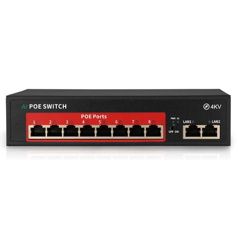 Conmutador POE de red de 52V, con 10/100Mbps, IEEE 802,3 Af/At sobre Ethernet, para sistema de cámara CCTV, AP inalámbrico, enchufe de la UE: Black