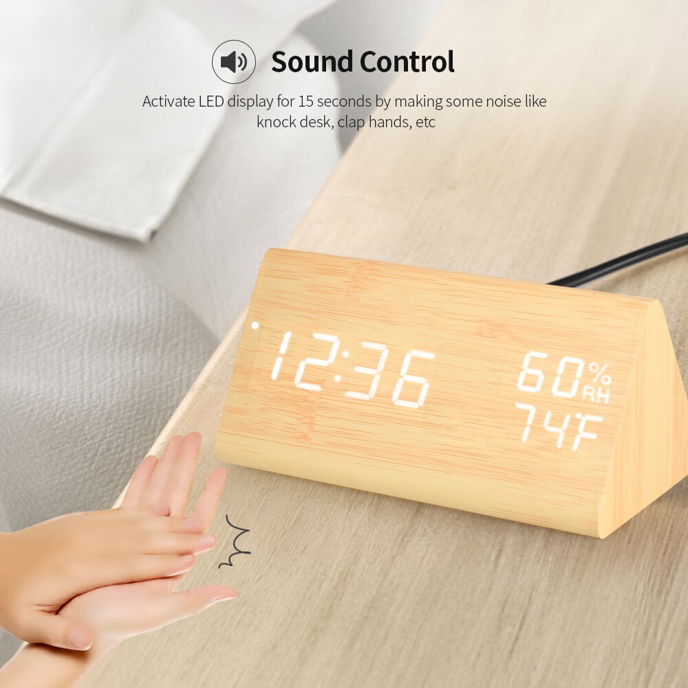 Triangular Wooden Alarm Clock Sound Control LED Di... – Vicedeal