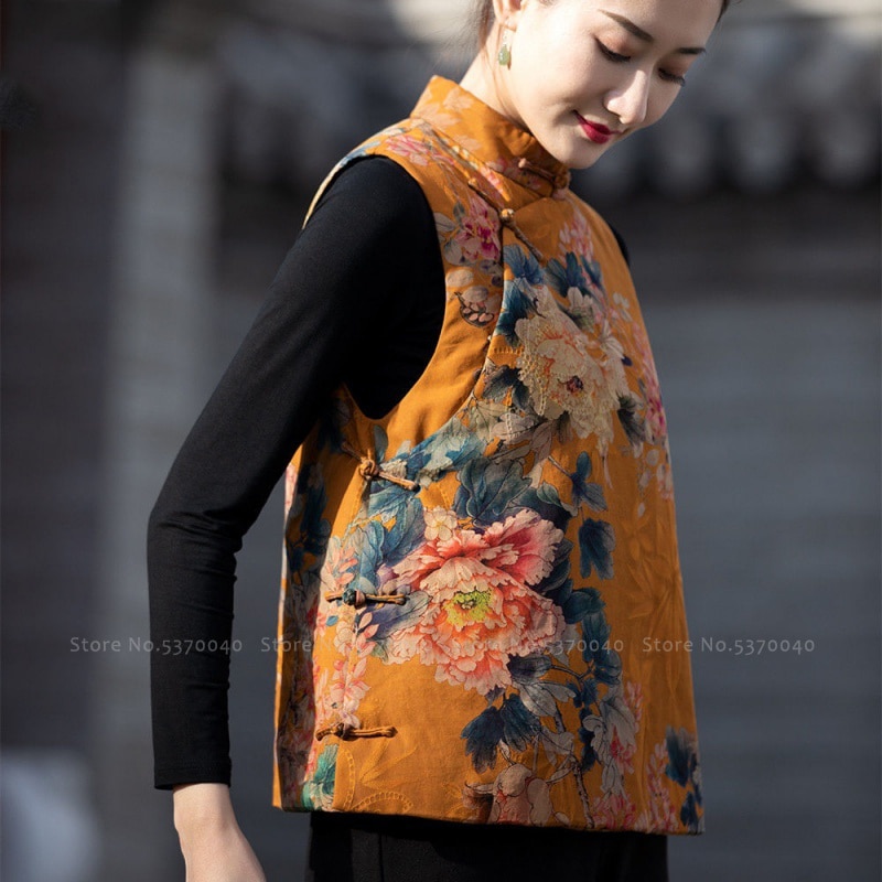 Vrouwen Traditionele Chinese Stijl Vest Mode Oosterse Kleding Retro Print Qipao Tops Elegante Vesten Mouwloze Hanfu Jassen