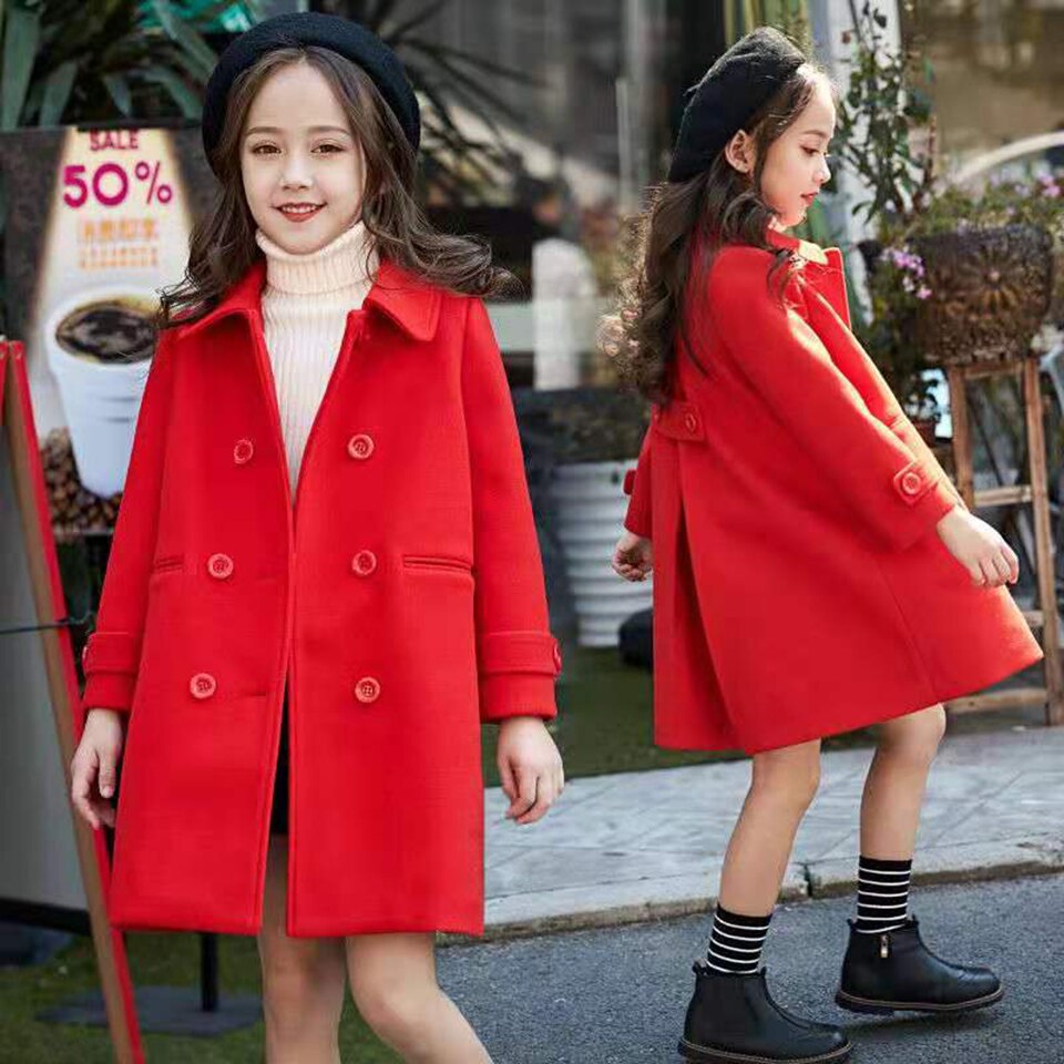 Red Color Clothes 6-13 Yrs Girls Autumn Winter Thicken Girl Coat Children Clothes Warm Girl Woollen Jackets Outwear