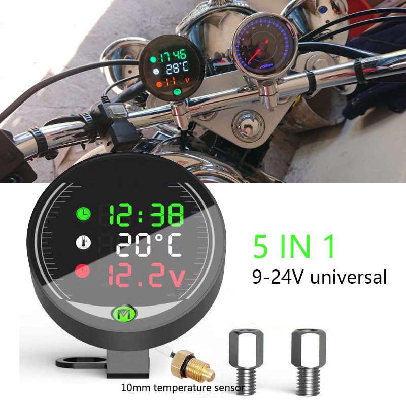5 in 1 Motorcycle Water Temperature Meter USB Rechargable Time Voltmeter LED Night Vision Meter with Temperature Sensor: Default Title