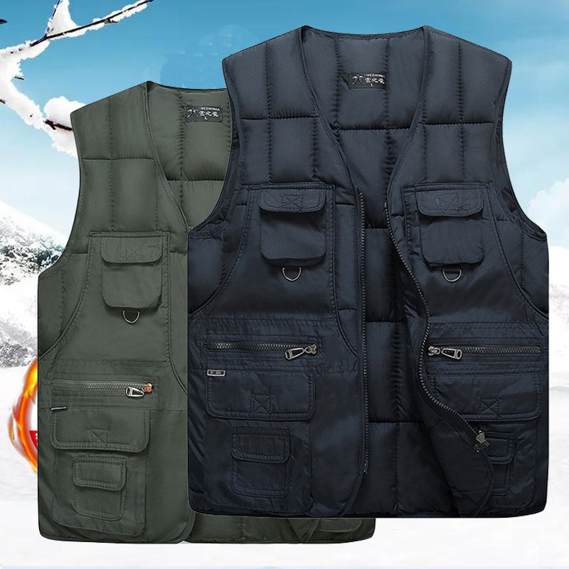 Efterår vinter herre #39 ;s varm tyk multi-lommer vest mandlig udendørs ridning fiskeri vandreture camping vindtæt ærmeløs vest 4xl