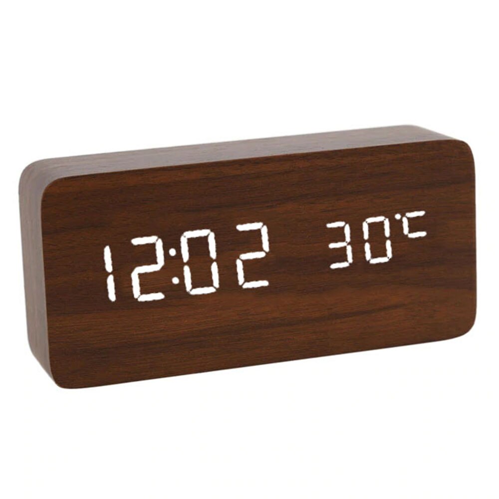 reloj despertador LED con Control de voz, termómetro Digital, retroiluminación de madera, reloj Retro brillante, mesa, Despertadores luminosos: White Number Brown
