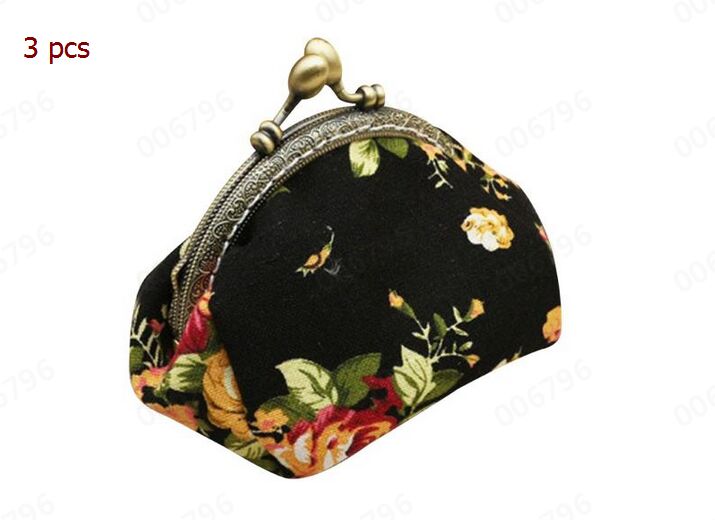 Mini monederos mujer señora Retro Vintage flor monedero pequeño bolso Clutch Bolso pequeño monedero monederos para monederos: 3 pcs black