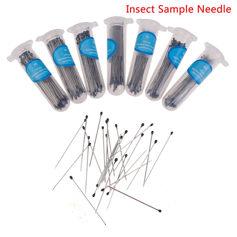 Aguja de espécimen de acero inoxidable con tubo para laboratorio escolar, broche de insecto para entomotología, 100 Uds.